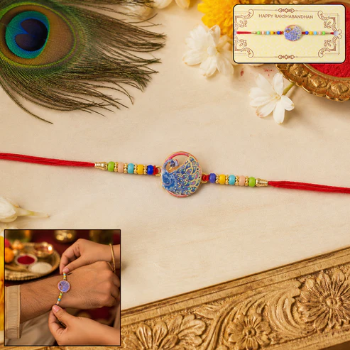 01_rakhi_011e4dc2-a97f-413b-8655-6b442cdce247 Peacock Design Designer Rakhi with Multicolor Beads (1 Pc) - Image 1