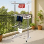 3-Tier Foldable Stainless Steel Cloth Drying Stand with Wheels - Image 3