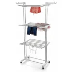 3-Tier Foldable Stainless Steel Cloth Drying Stand with Wheels - Image 4