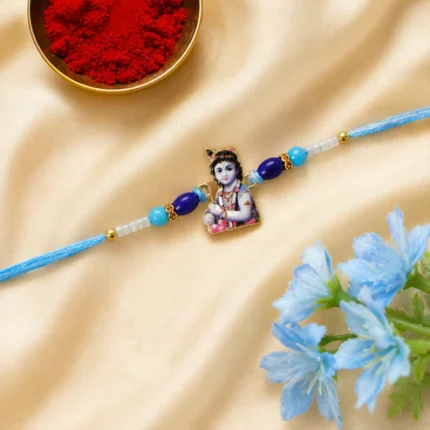 Lord Krishna Designer Rakhi with Blue Beads (1 Pc)