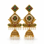 Premium Antique Gold-Plated Geometric Stone & Pearl Jhumka Earrings - Image 3