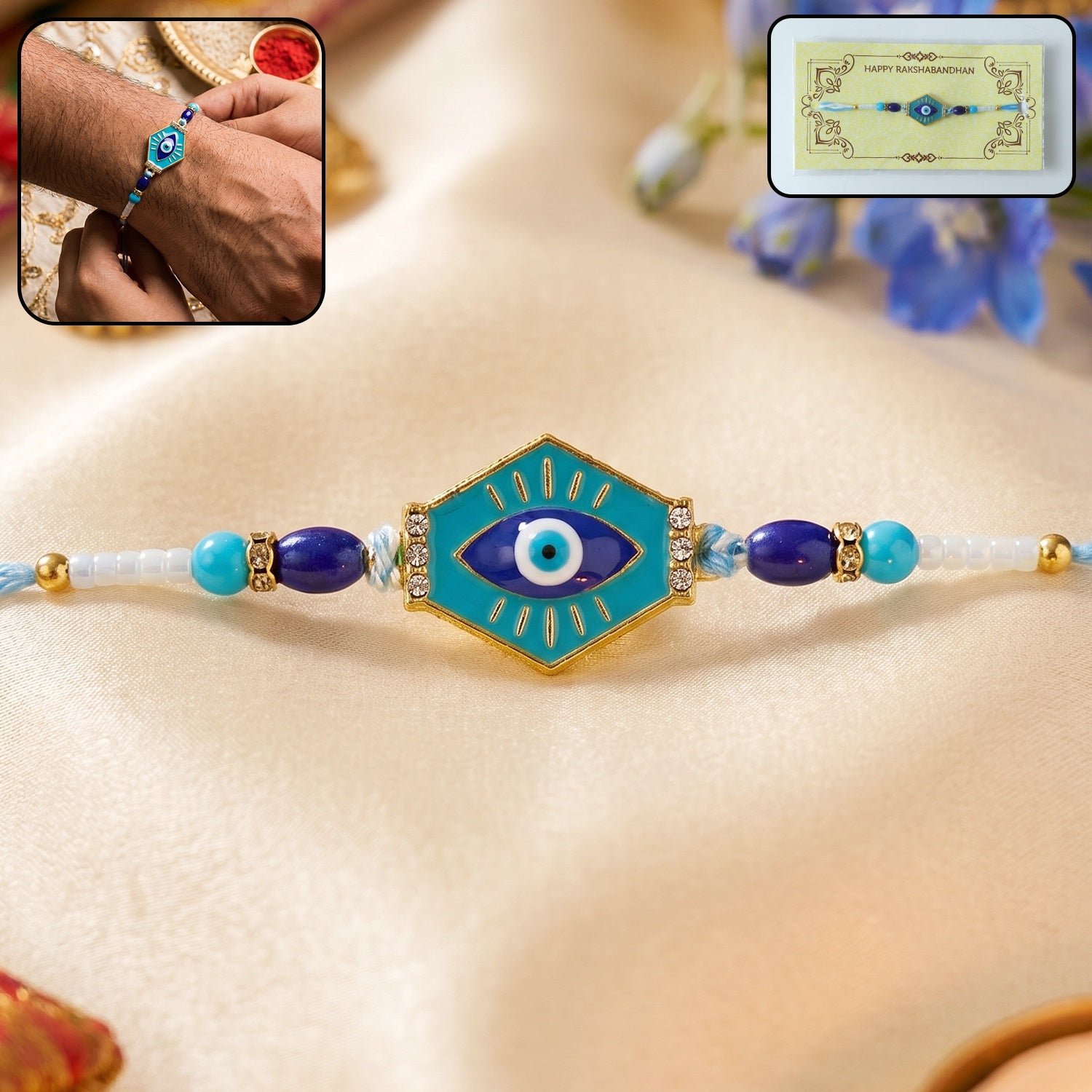 FvcpzqA Turquoise Evil Eye Hexagon Designer Rakhi - Image 1