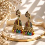 Multicolor Stone Jhumka Earrings with Beads Drop Gold Plated Ethnic Traditional Earrings for Women - Image 2