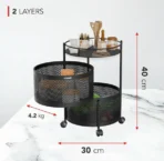 Compact Round 2-Layer Kitchen Trolley with Ventilated Mesh Baskets & Four Swivel Wheels - Image 5