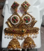 Premium Antique Gold-Plated Geometric Stone & Pearl Jhumka Earrings - Image 4