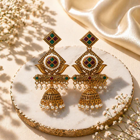 VPdIct55sP Premium Antique Gold-Plated Geometric Stone & Pearl Jhumka Earrings - Image 1