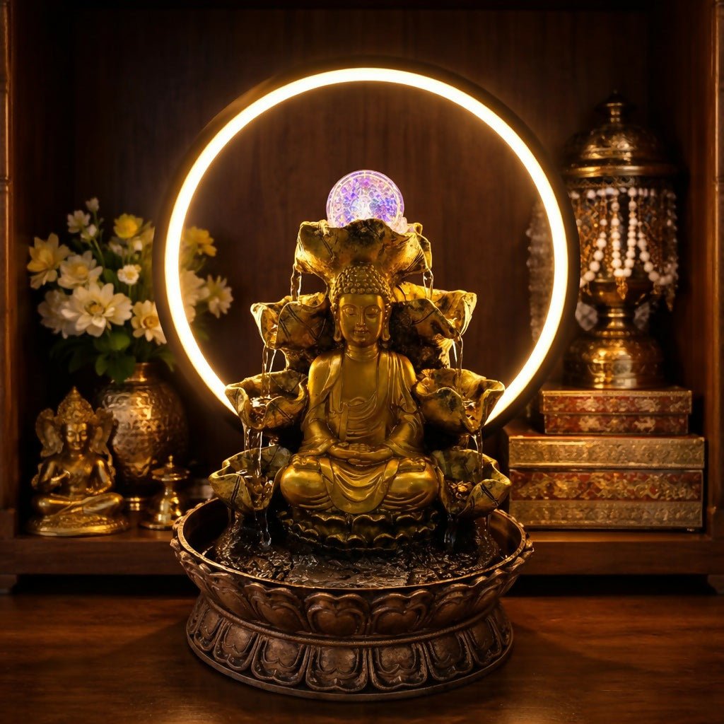 hVMRlsU9OC Buddha Water Fountain with LED Ring Light Decorative Tabletop - Image 1