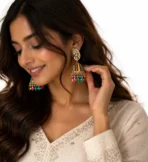 Multicolor Stone Jhumka Earrings with Beads Drop Gold Plated Ethnic Traditional Earrings for Women - Image 3