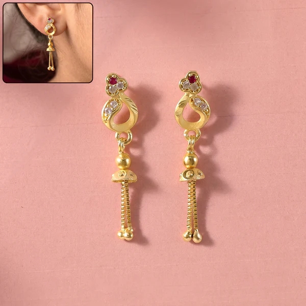 owkiTAaOvL Gold-Plated Traditional Casting Chain Drop Earrings with Ruby and AD Stones - Image 1
