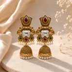 Traditional Gold Plated Kundan Jhumka Earrings with Pearl Drop for Women - Image 3
