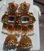 Traditional Gold Plated Kundan Jhumka Earrings with Pearl Drop for Women - Image 5