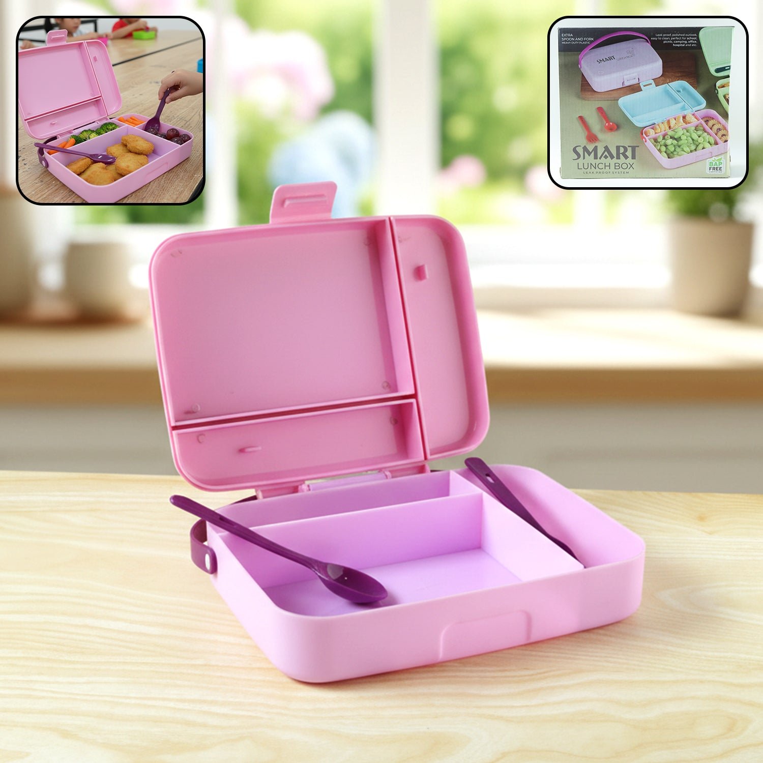 01_0159eb4b-c71c-4dad-96dc-4c96a7e4314f.jpg Smart Leak Proof Lunch Box with 3 Compartments and Spoon Set (1 Set) - Image 1