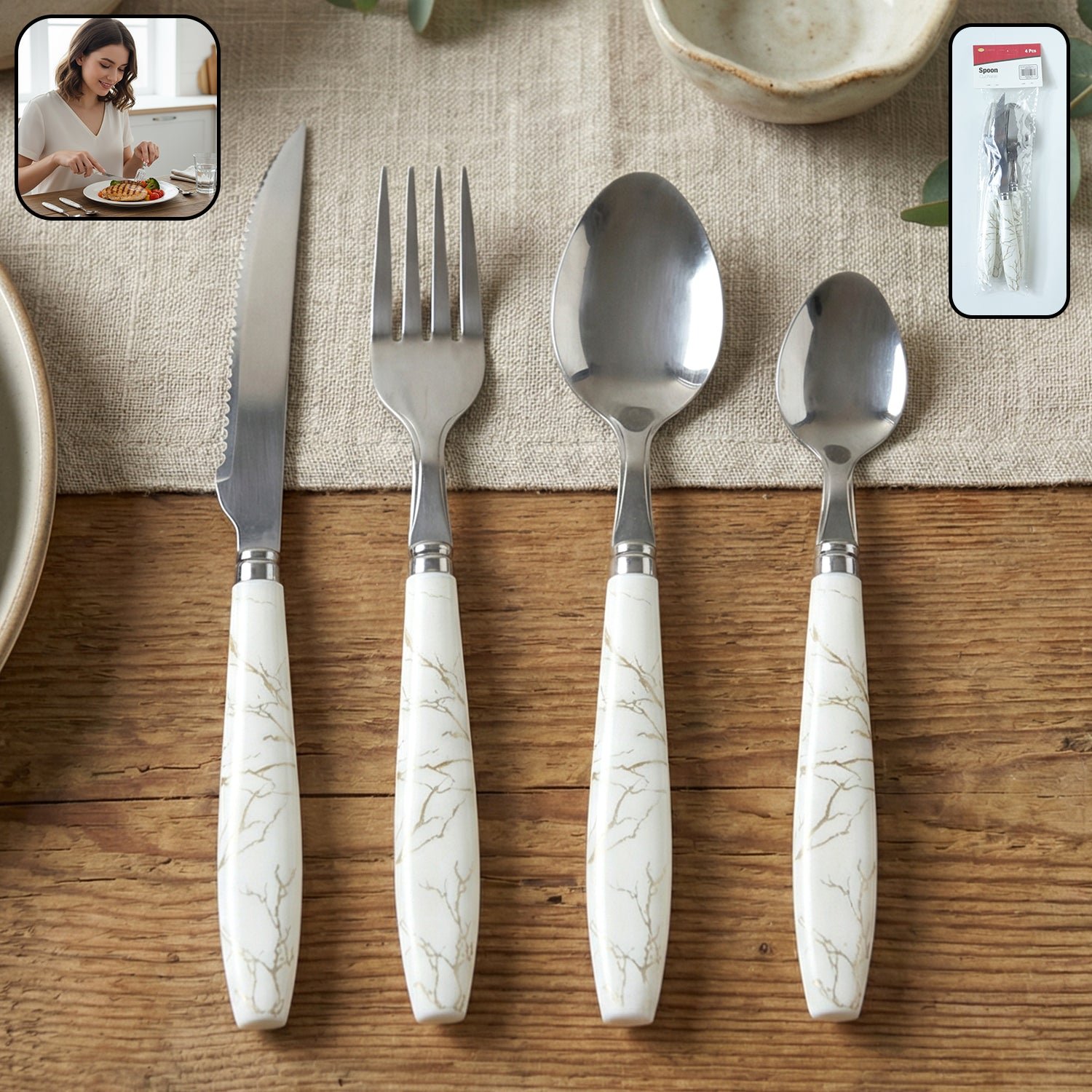 01_64203cf1-a647-42bd-aab2-e4b2728c341d.jpg Stainless Steel Cutlery Set with Marble Design Handle (4 Pc Set) - Image 1