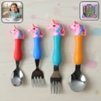 Unicorn Theme Kids Spoon and Fork With Plastic Handle Set (4 Pc Set)