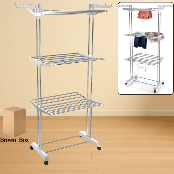 3-Tier Foldable Stainless Steel Cloth Drying Stand with Wheels - Image 8