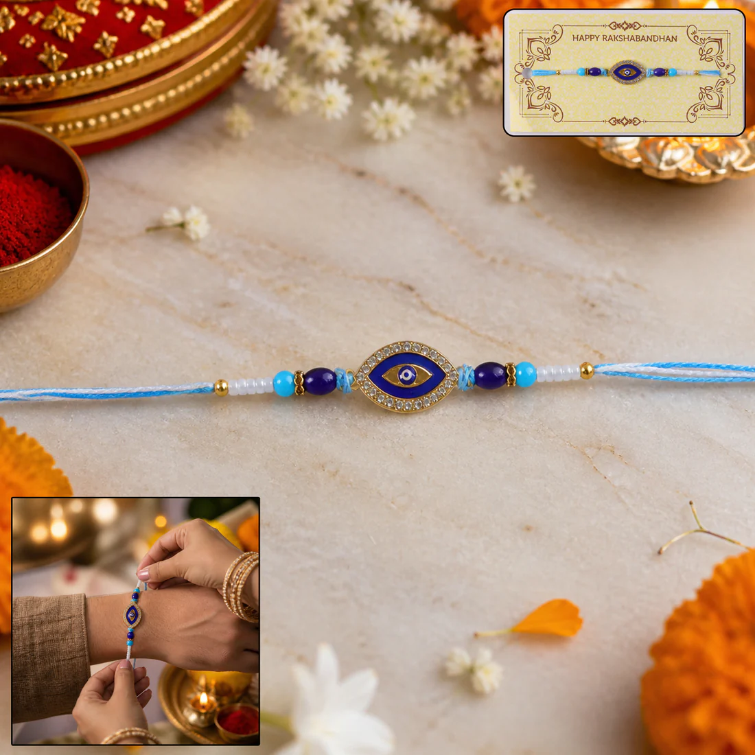 Evil Eye Designer Rakhi with Blue Beads (1 Pc) - Image 5