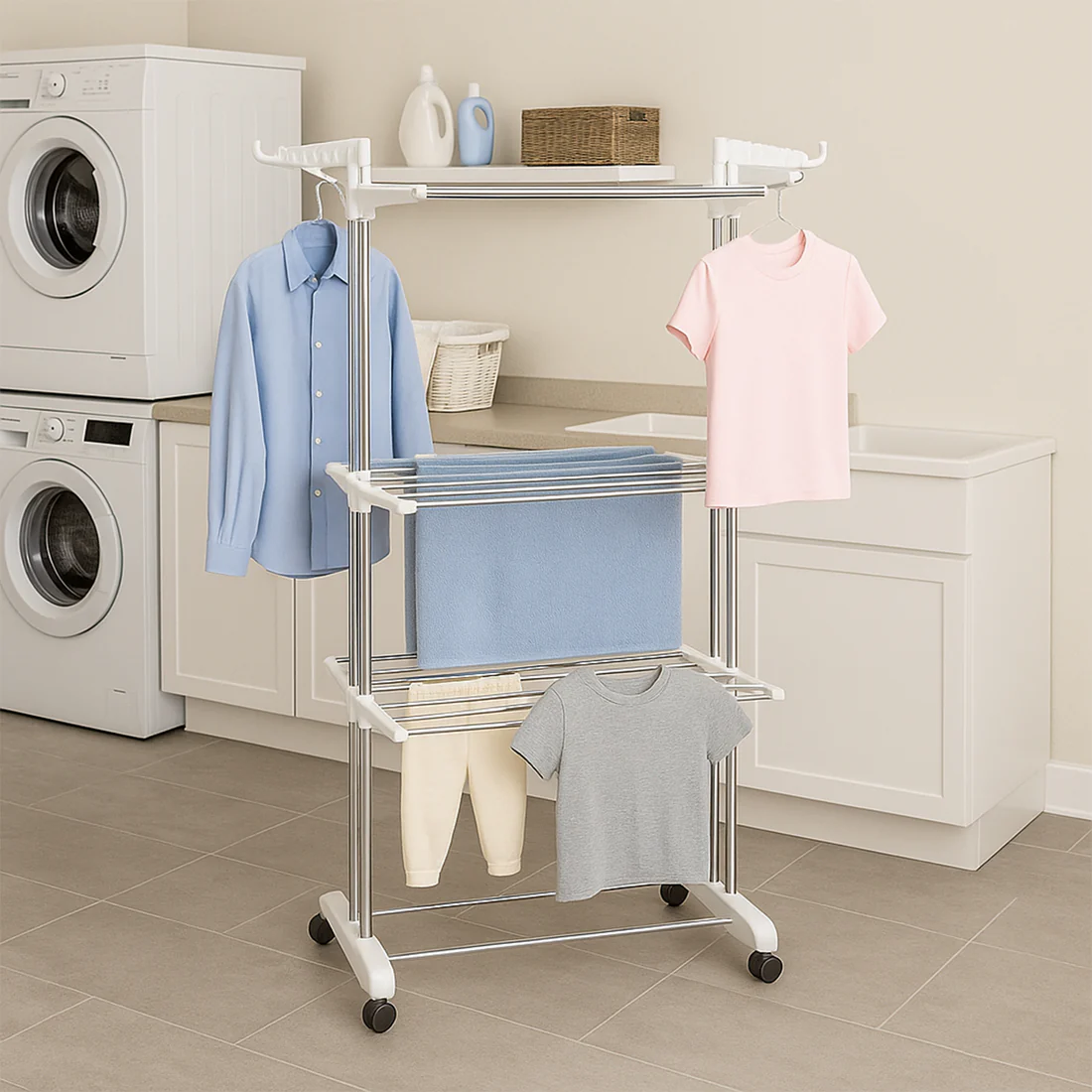 3-Tier Foldable Stainless Steel Cloth Drying Stand with Wheels - Image 6