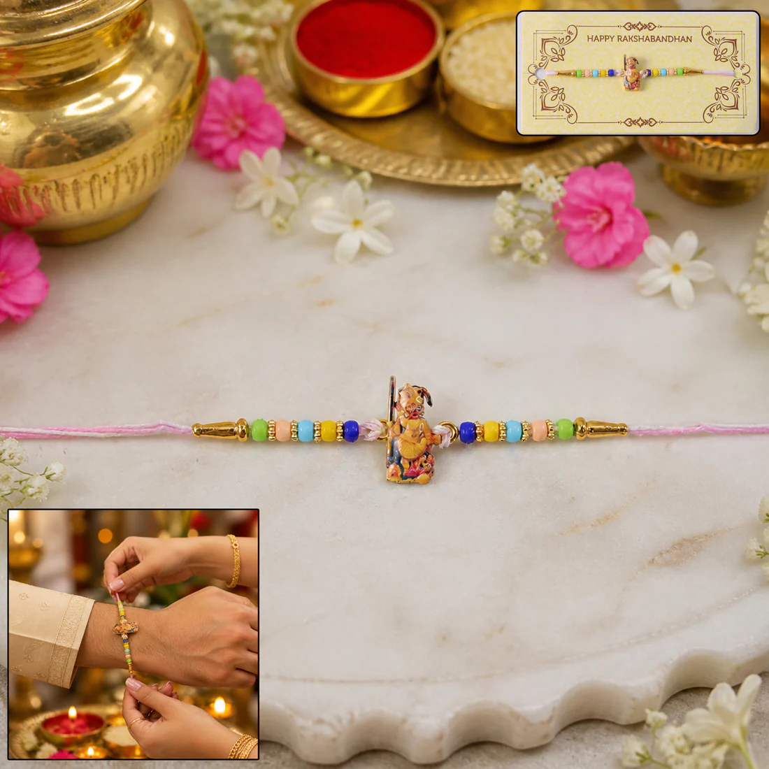 Hanuman Ji Designer Rakhi with Colorful Beads (1 Pc) - Image 7