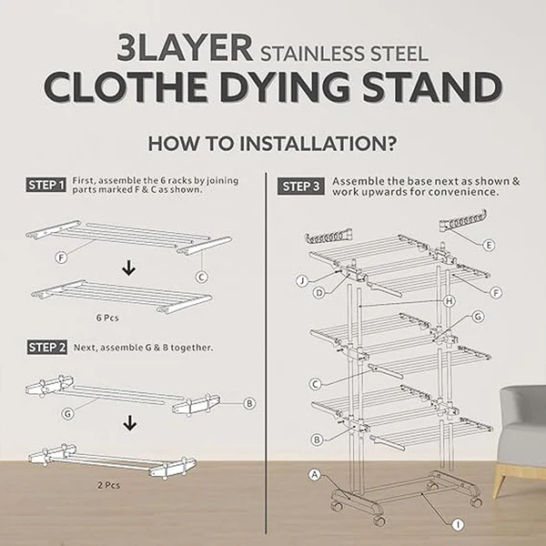 3-Tier Foldable Stainless Steel Cloth Drying Stand with Wheels - Image 5