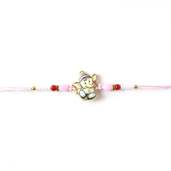 Cute Ganesha Designer Rakhi with Pink and Red Beads (1 Pc) - Image 2