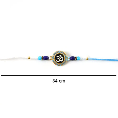 Om Designer Rakhi with Blue Beads (1 Pc) - Image 4