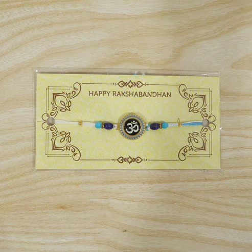 Om Designer Rakhi with Blue Beads (1 Pc) - Image 5