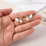 Korean Style Pearl Leaf Stud Earrings - Gold Plated Elegant Jewellery - Image 2