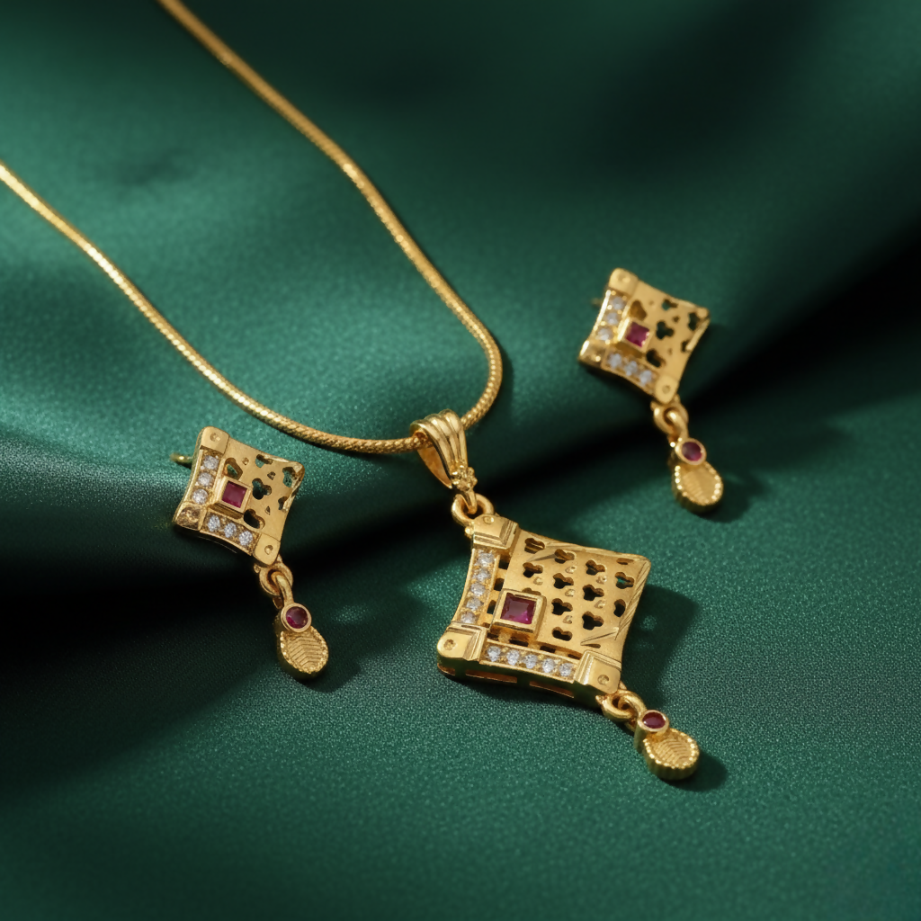 0vf5RJrNCR.png Cutwork Square Gold Pendant and Earring Set Elegant Traditional Jewelry Set - Image 1
