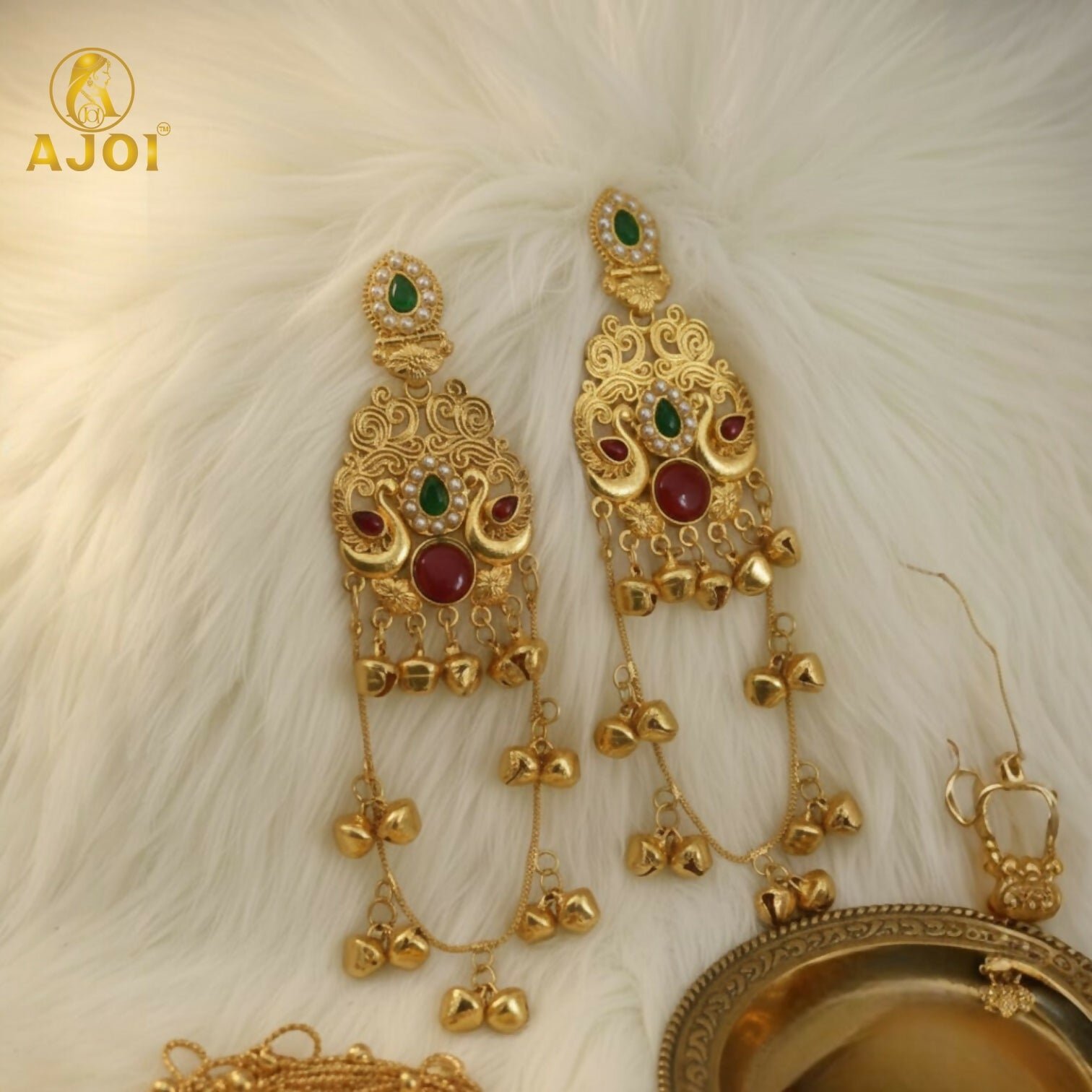 10TYnMU3bd.jpg Green & Ruby Stone Kashmiri Traditional Gold-Plated Ghungroo Earrings For Women And Girls. - Image 1