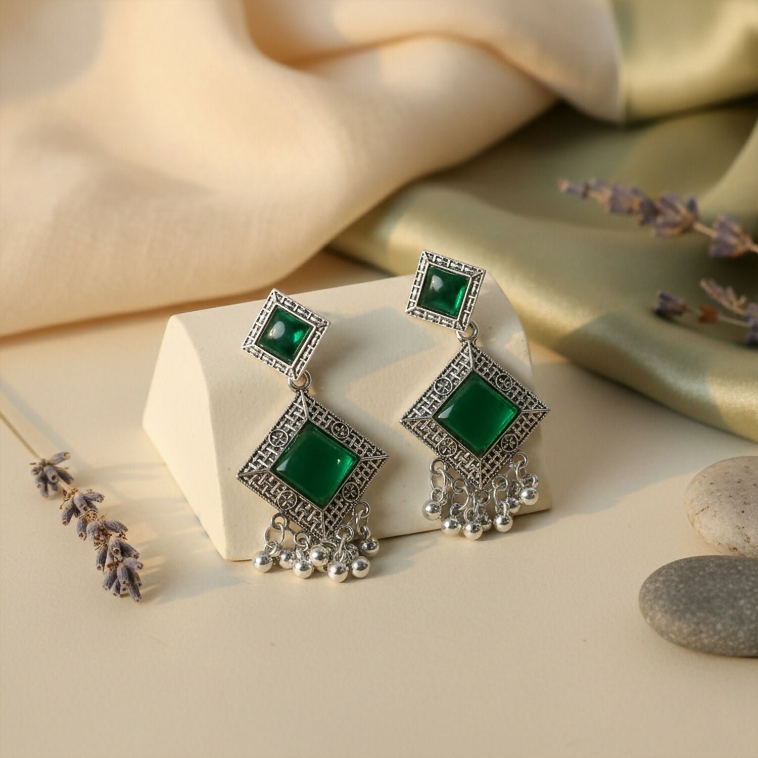 1K3JuNWZKf.jpg Oxidised Indian Dangler Earrings with Green Monalisa Stones - Image 1
