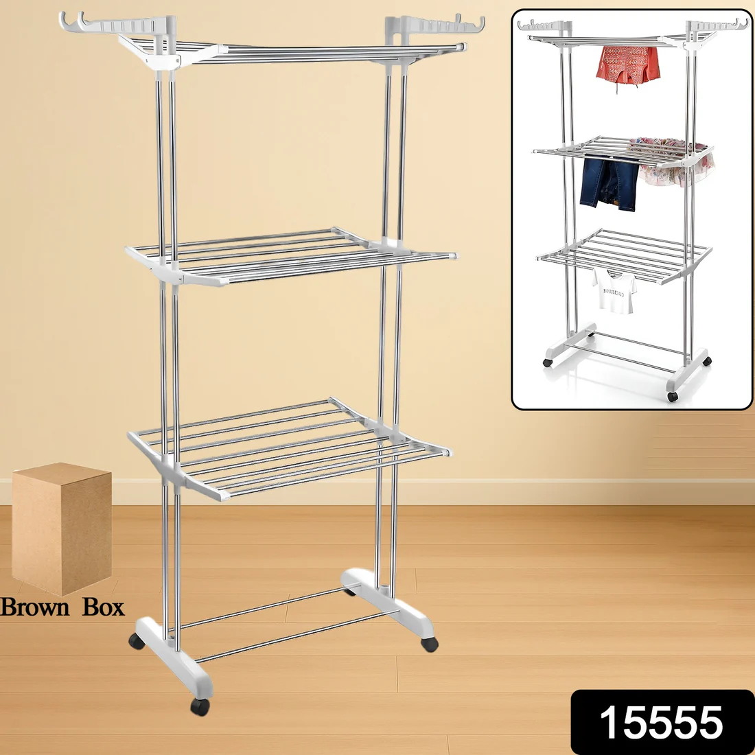 3-Tier Foldable Stainless Steel Cloth Drying Stand with Wheels - Image 7