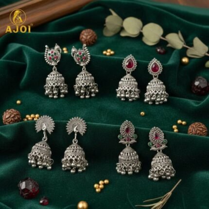 Oxidised Silver Traditional Jhumka Earrings Set - 4 Pairs