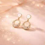Elegant Gold Round Crystal Drop Earrings with Pearl Top Design for Women - Image 2