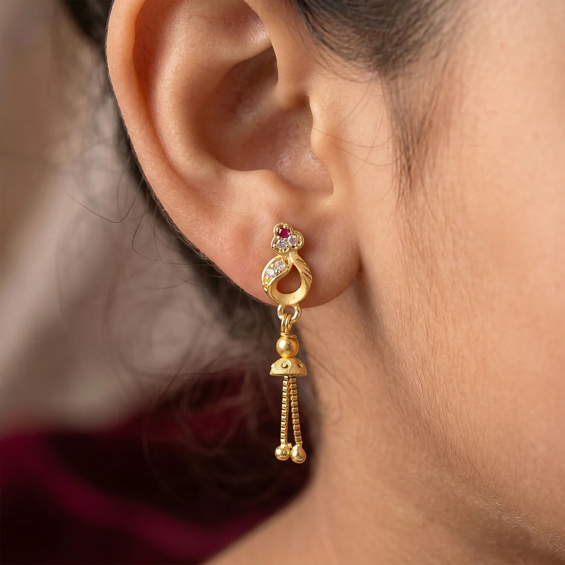 Gold-Plated Traditional Casting Chain Drop Earrings with Ruby and AD Stones - Image 4