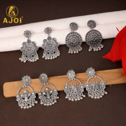 Oxidised Silver Statement Earrings Set - 4 Trendy Pairs for Women