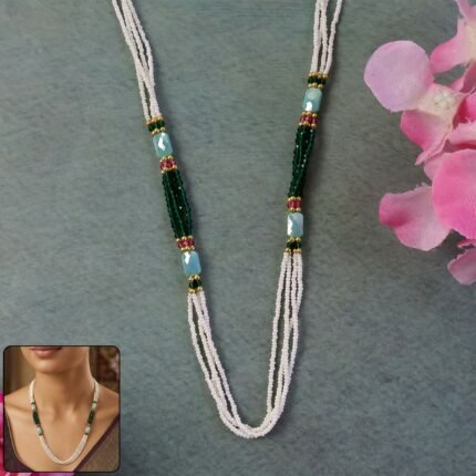 Handmade Layered Pearl Mala Necklace with Green & Aqua Beads
