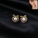 Korean Royal Bow-Knot Crystal Halo Pearl Studs For Girls And Women