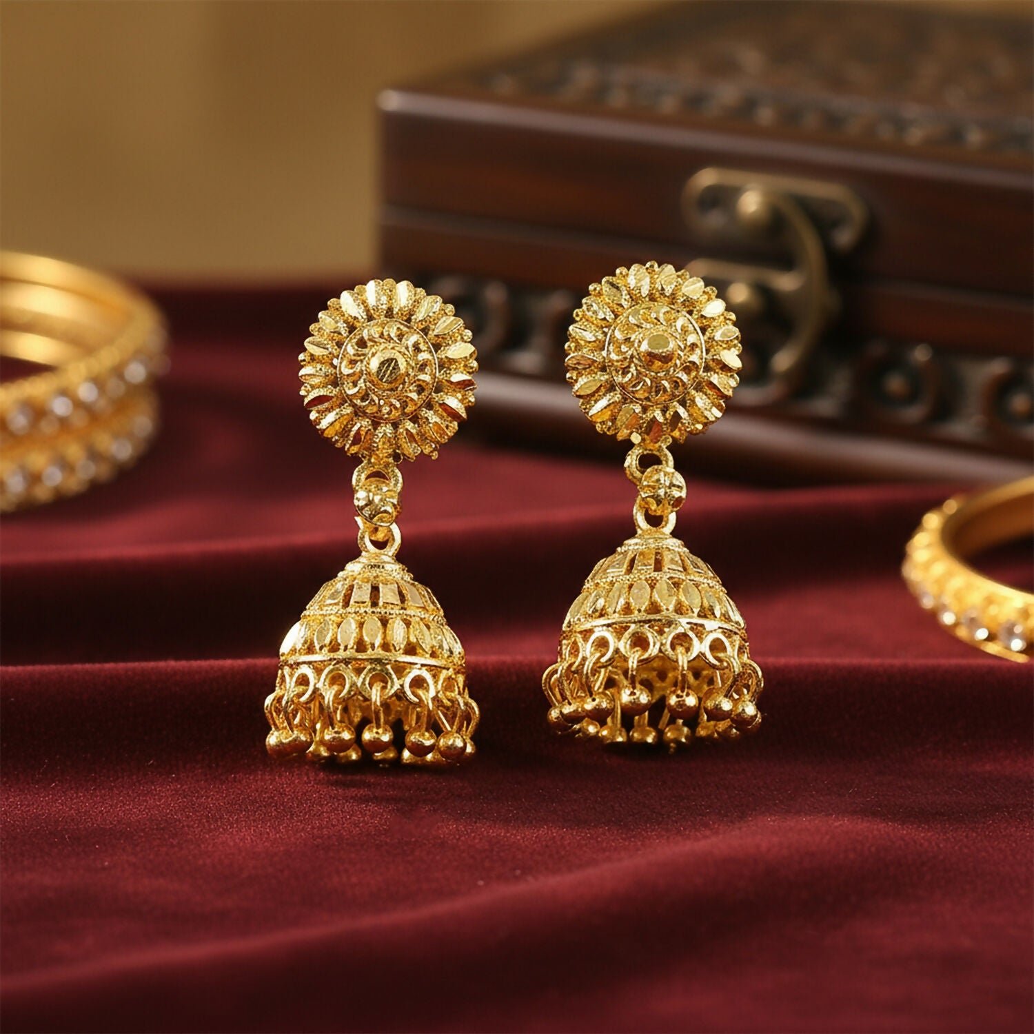 55UIwo0XtQ.jpg Elegant Gold Plated Jhumka Earrings – Traditional Women's Ethnic Jewelry - Image 1