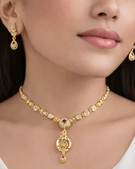 Stylish Gold-Tone Circular Pendant Necklace Set with Floral Accent & Matching Earrings