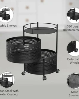Compact Round 2-Layer Kitchen Trolley with Ventilated Mesh Baskets & Four Swivel Wheels
