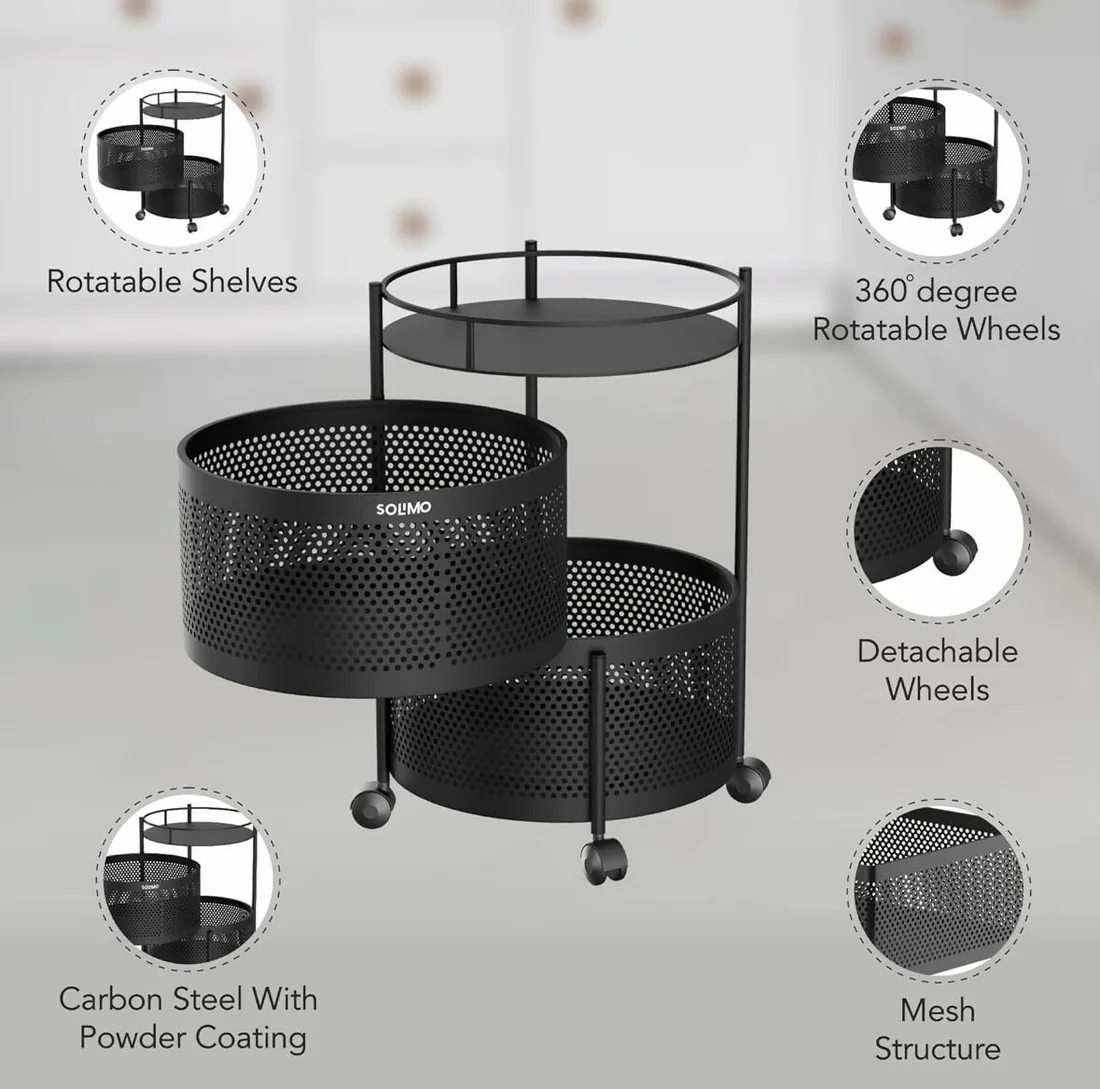 Compact Round 2-Layer Kitchen Trolley with Ventilated Mesh Baskets & Four Swivel Wheels - Image 2