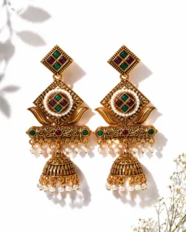Premium Antique Gold-Plated Geometric Stone & Pearl Jhumka Earrings