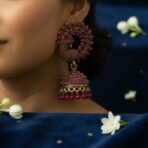 Peacock Motif Ruby-Tone Jhumka Earrings in Antique Gold Finish - Image 2