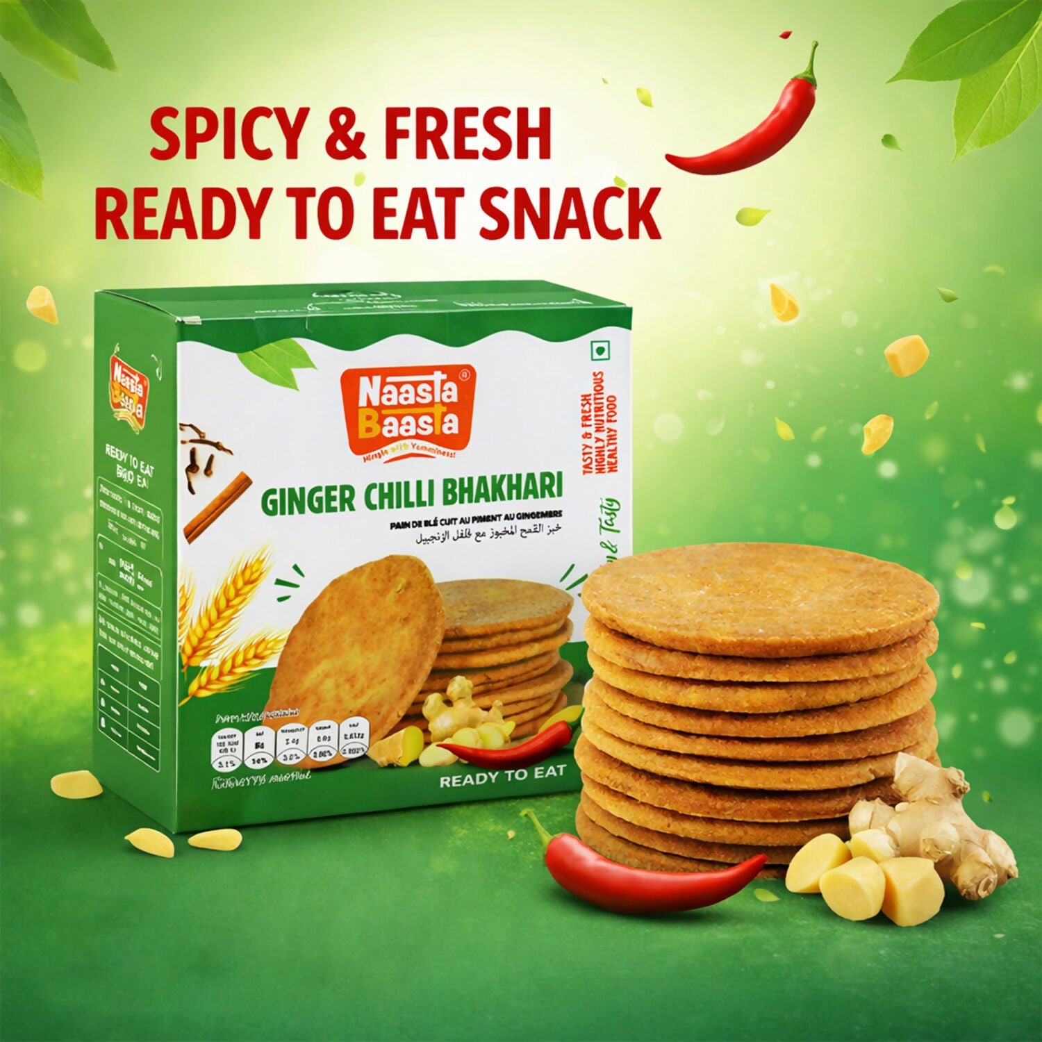 6fiGgSA6pe.jpg Naasta Baasta Ginger Chilli Bhakhari Spicy & Fresh Ready to Eat Crispy Tea-Time Snack (200gm) - Image 1