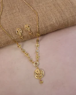 Classic Gold-Tone Floral Engraved Pendant Necklace Set with Designer Stud Earrings