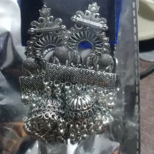 Premium Oxidized Silver-Plated Ethnic Elephant Motif Jhumka Earrings - Image 4