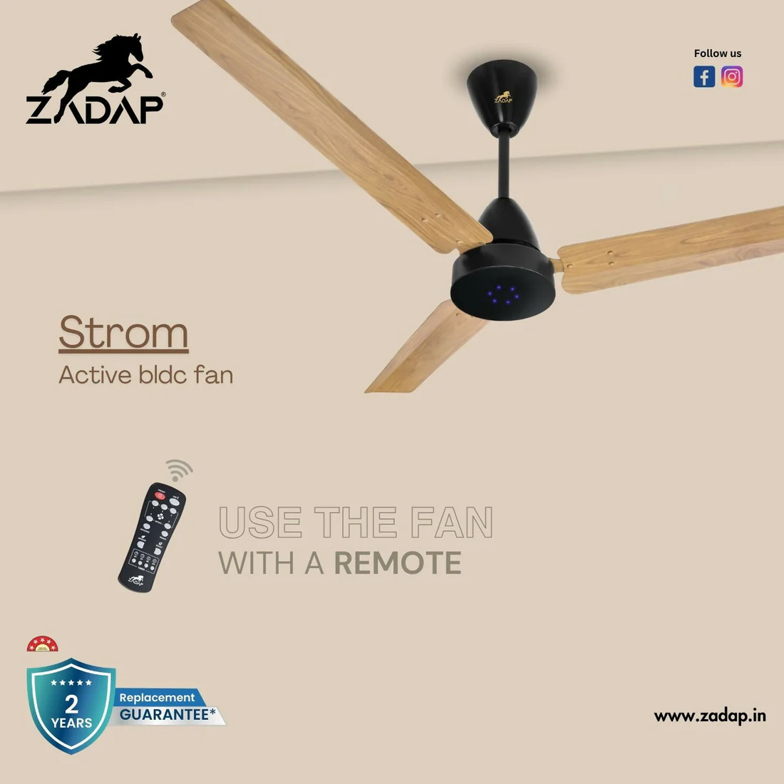 Zadap STROM 1200mm High Speed BLDC Ceiling Fan with Remote(Light Wooden) - Image 3