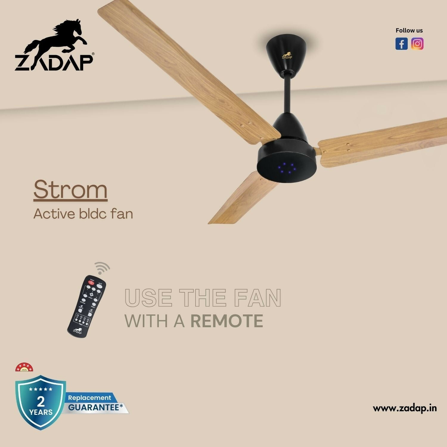 Zadap STROM 900mm High Speed BLDC Ceiling Fan with Remote(Light Wooden) - Image 3