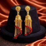 Gold Tone Chain Tassel Jhumka Earrings with Red Beads - Ethnic Dangle