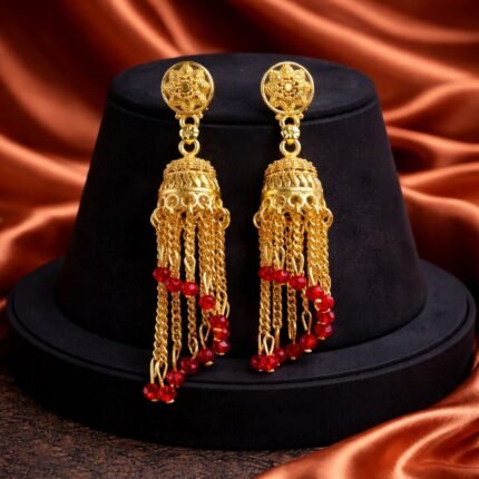 Gold Tone Chain Tassel Jhumka Earrings with Red Beads - Ethnic Dangle
